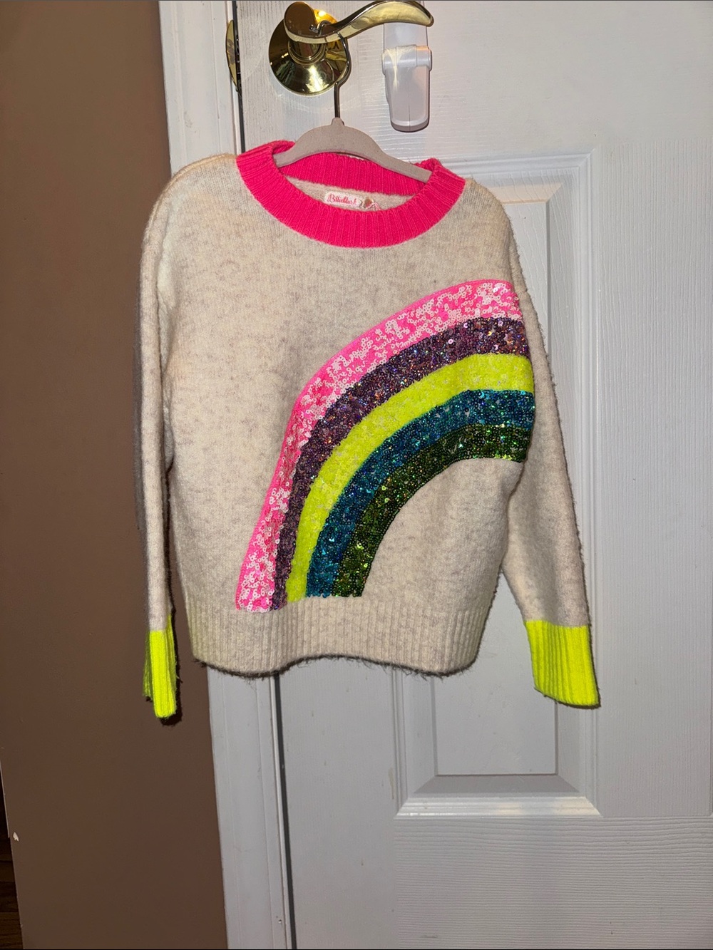 Billieblush Cream Sweater with Neon Pink Neckline & Neon Yellow Cuffs